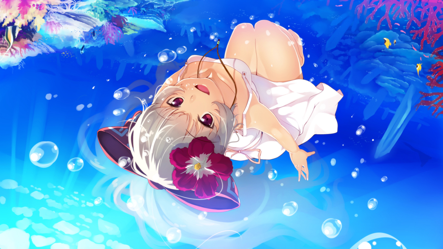 animal, barefoot, bow, dress, fish, flowers, fujiwara_no_mokou, gray_hair