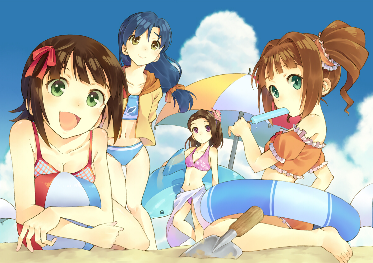 amami_haruka, ball, barefoot, beach, bikini, blue_hair, brown_hair, clouds