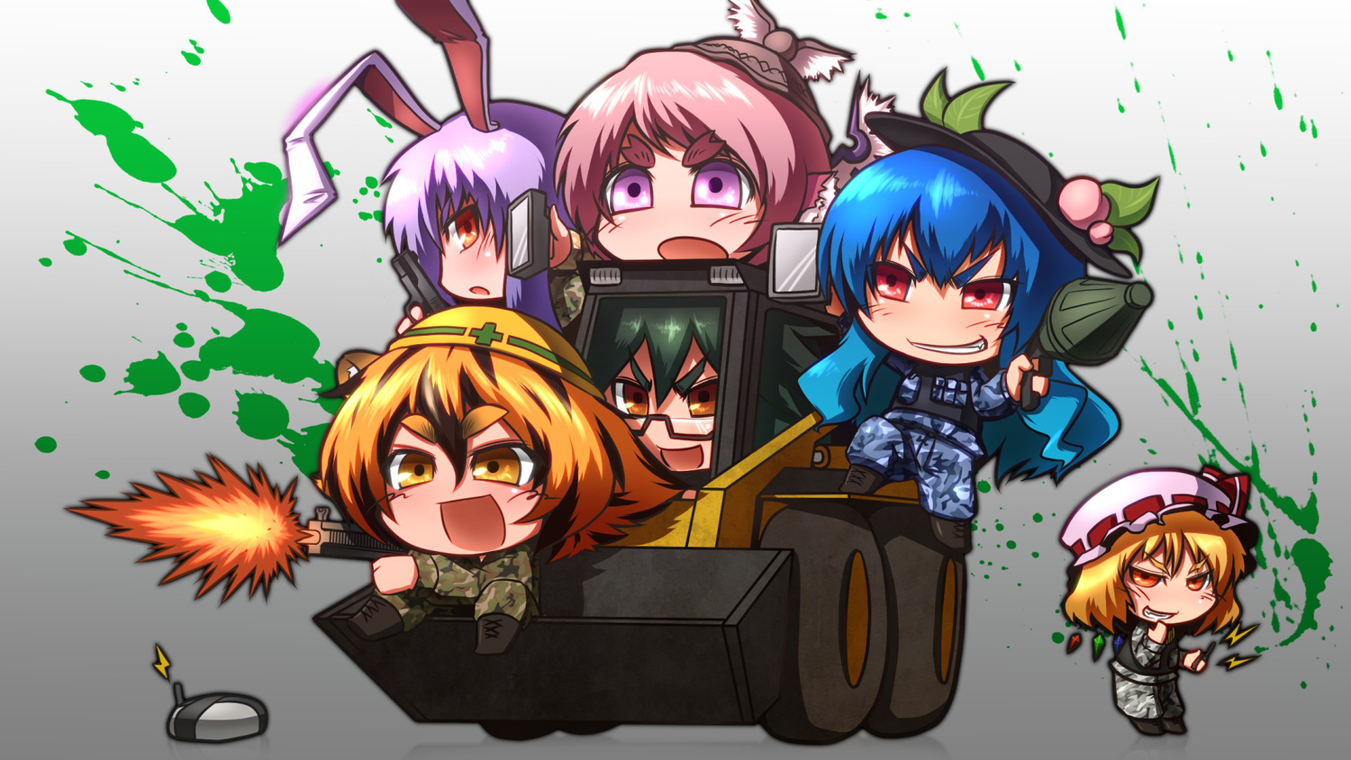 animal_ears, battlefield_3, bunny_ears, bunnygirl, chibi, flandre_scarlet, group, gun, hinanawi_tenshi, jpeg_artifacts, mystia_lorelei, reisen_udongein_inaba, reiuji_utsuho, toramaru_shou, tora_(trampjing), touhou, vampire, weapon