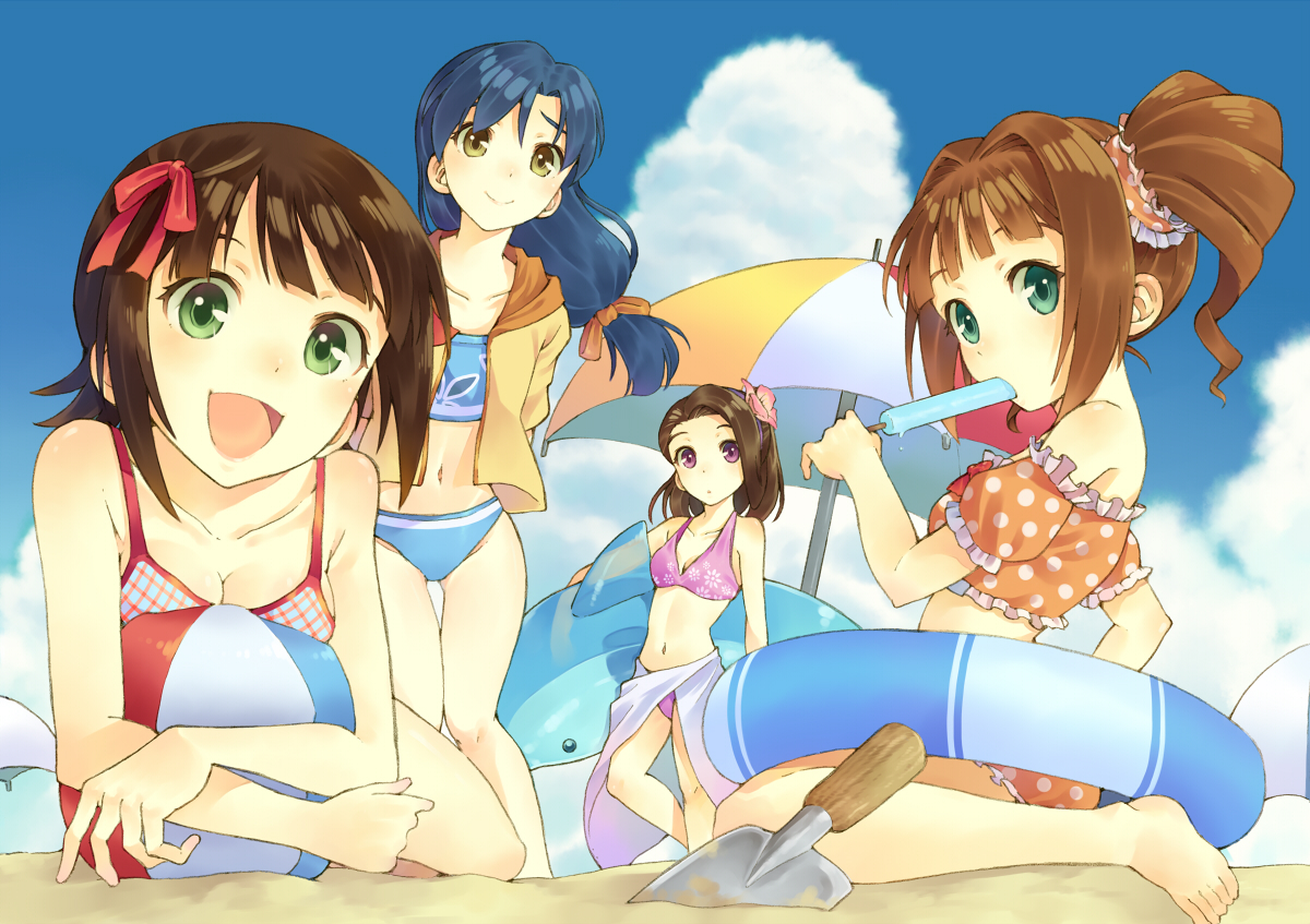amami_haruka, ball, beach, bikini, blue_hair, breasts, brown_hair, cleavage