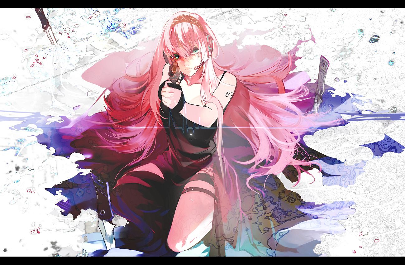 gun, headphones, hebi, long_hair, megurine_luka, pink_hair, vocaloid, weapon