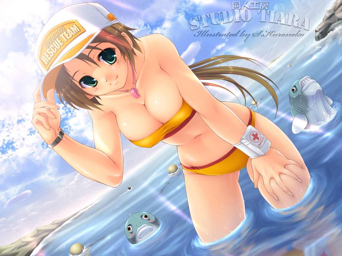 animal, beach, bikini, fish, hat, kuroneko_sakon, swimsuit