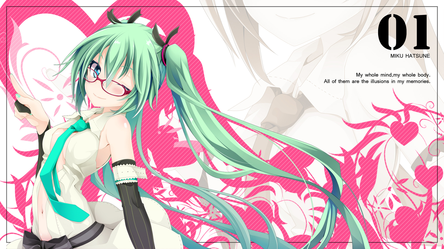 glasses, green_hair, hatsune_miku, ogami_kazuki, twintails, vocaloid, wink, zoom_layer