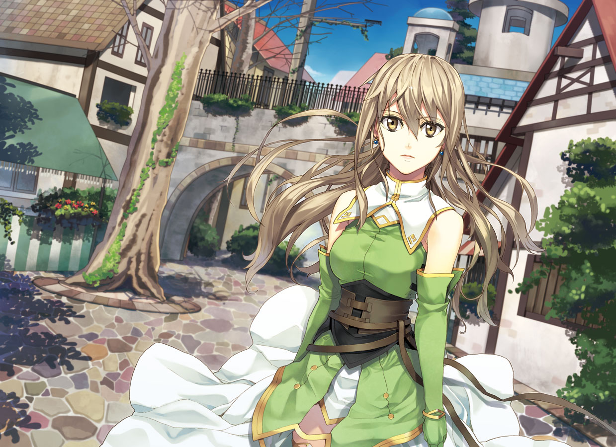 aria_(seiken_no_blacksmith), blonde_hair, building, dress, elbow_gloves, gloves, long_hair, luna_(reclaimed_land)
