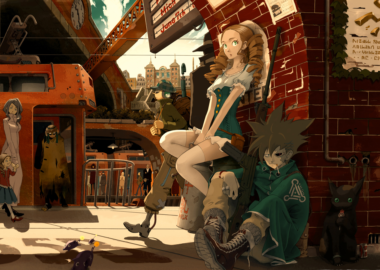 animal, boots, building, candy, cat, cigarette, city, dress, gun, kimura_3104, lollipop, mask, original, robot, thighhighs, train, weapon