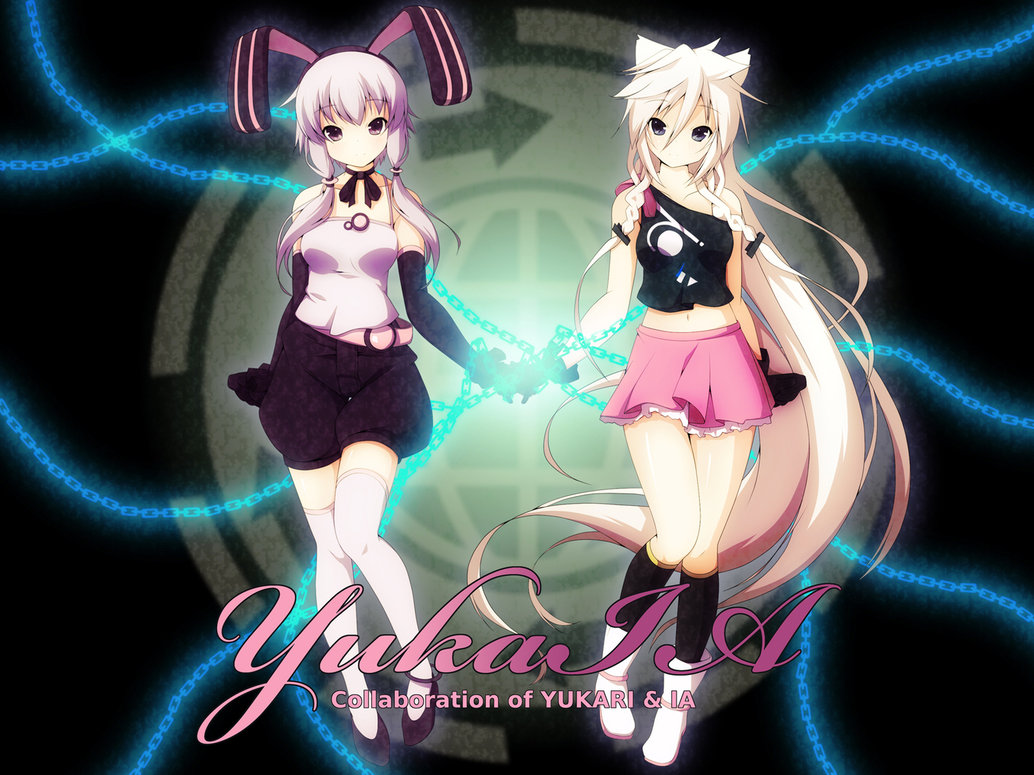 2girls, animal_ears, blue_eyes, bunny_ears, bunnygirl, catgirl, elbow_gloves, gloves, ia, kneehighs, long_hair, purple_eyes, purple_hair, tail, thighhighs, twintails, vocaloid, voiceroid, white_hair, yuzuki_kei, yuzuki_yukari