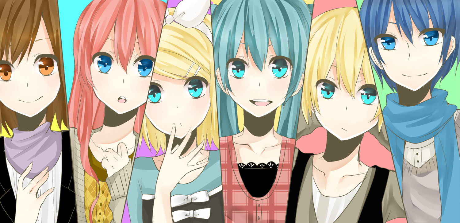 hatsune_miku, kagamine_len, kagamine_rin, kaito, male, megurine_luka, meiko, minaduki0038, vocaloid