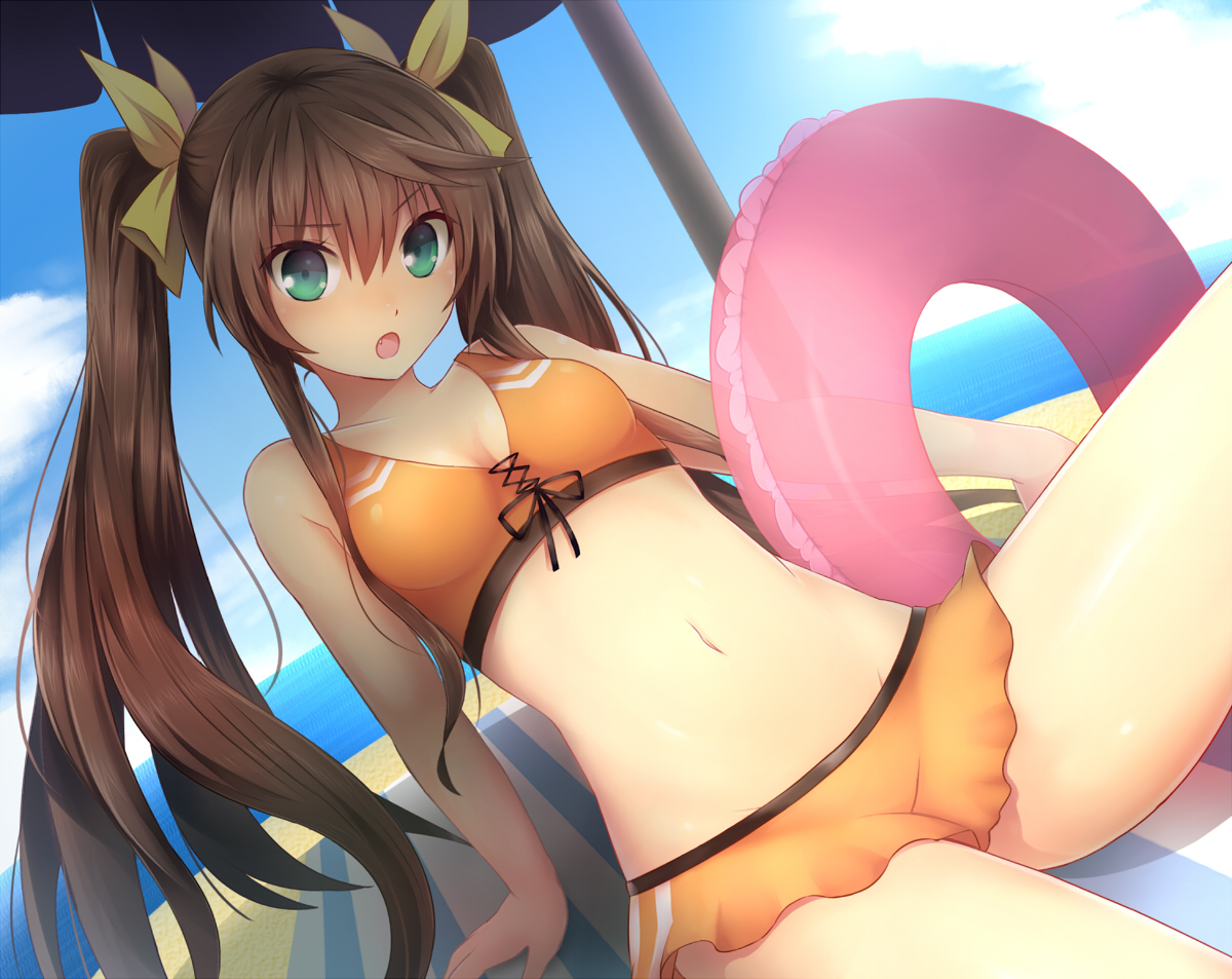 beach, bikini, breasts, brown_hair, cleavage, fang, green_eyes, huang_lingyin, infinite_stratos, kamanatsu, long_hair, navel, swim_ring, swimsuit, twintails