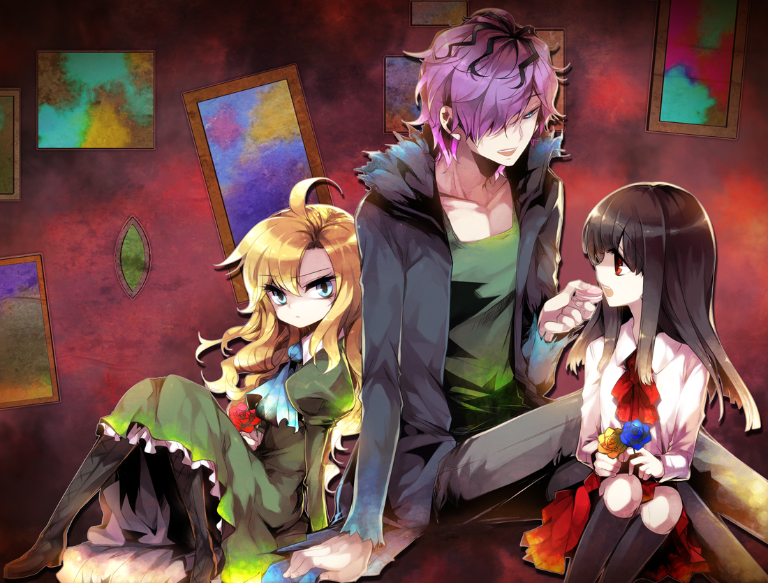 blonde_hair, blue_eyes, boots, dress, flowers, gary_(ib), ib, ib_(ib), long_hair, mary_(ib), purple_hair, red_eyes, rose, scarf_(artist)