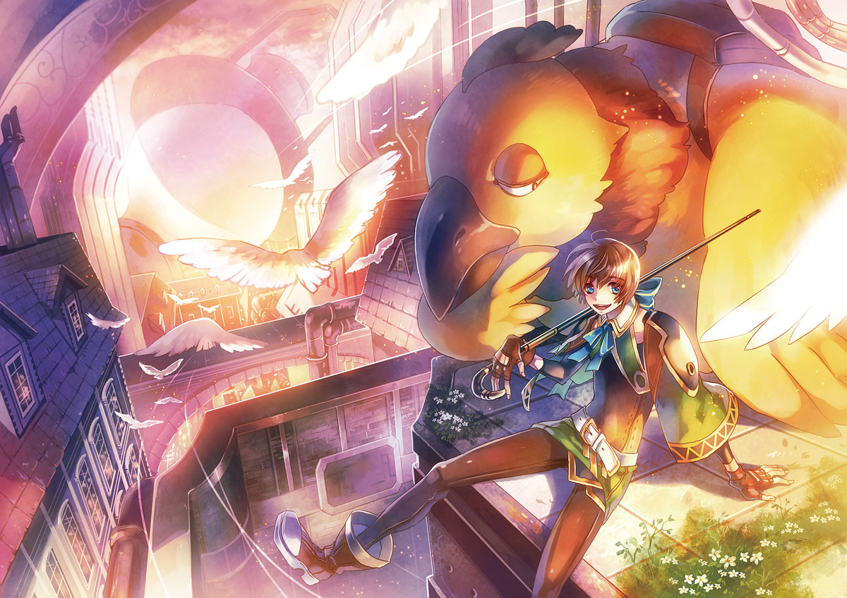 animal, bird, blue_eyes, brown_hair, city, flowers, gloves, noki_(affabile)