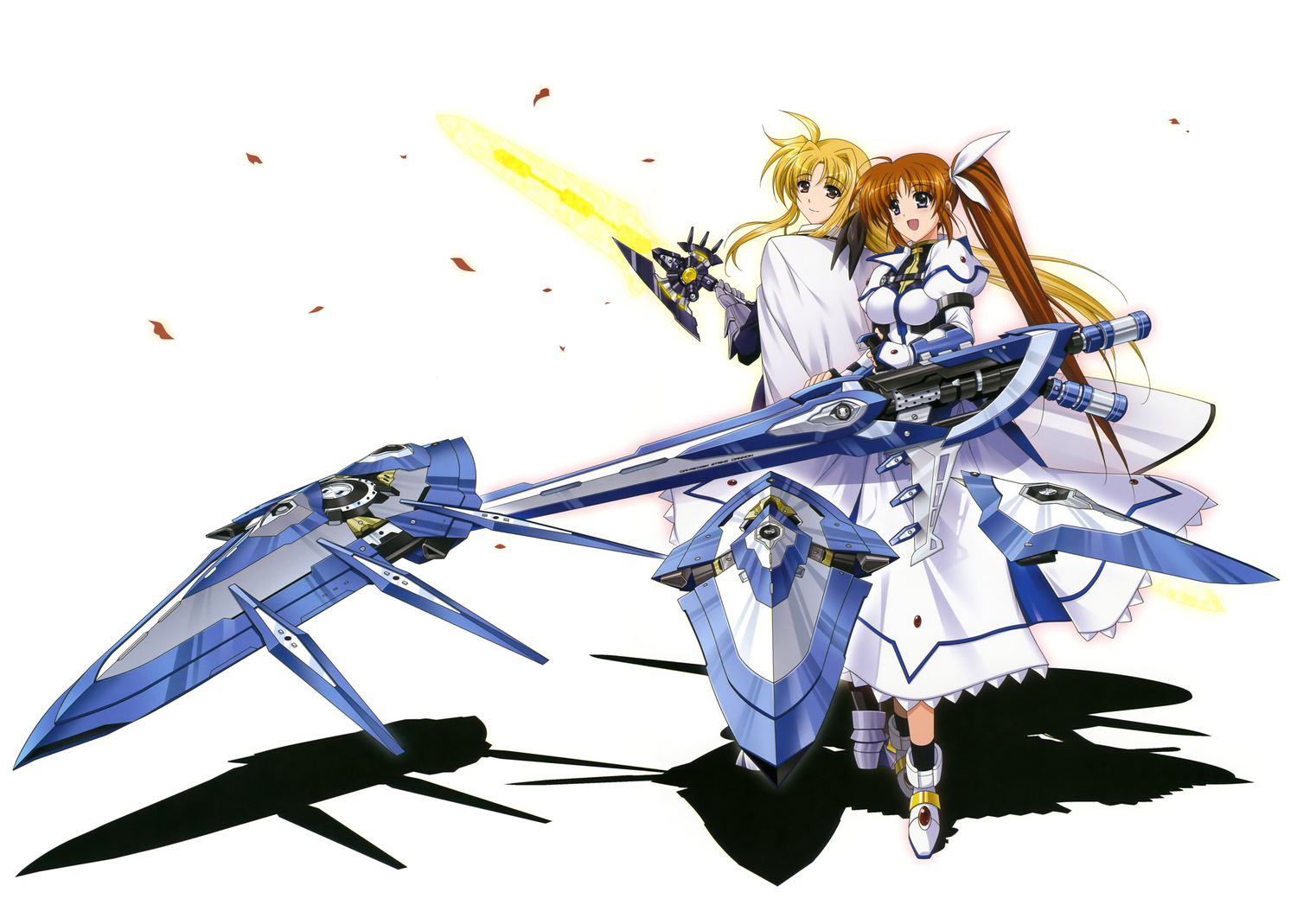 2girls, blonde_hair, brown_hair, fate_testarossa, kurogin, mahou_senki_lyrical_nanoha_force, mahou_shoujo_lyrical_nanoha, takamachi_nanoha, weapon, white