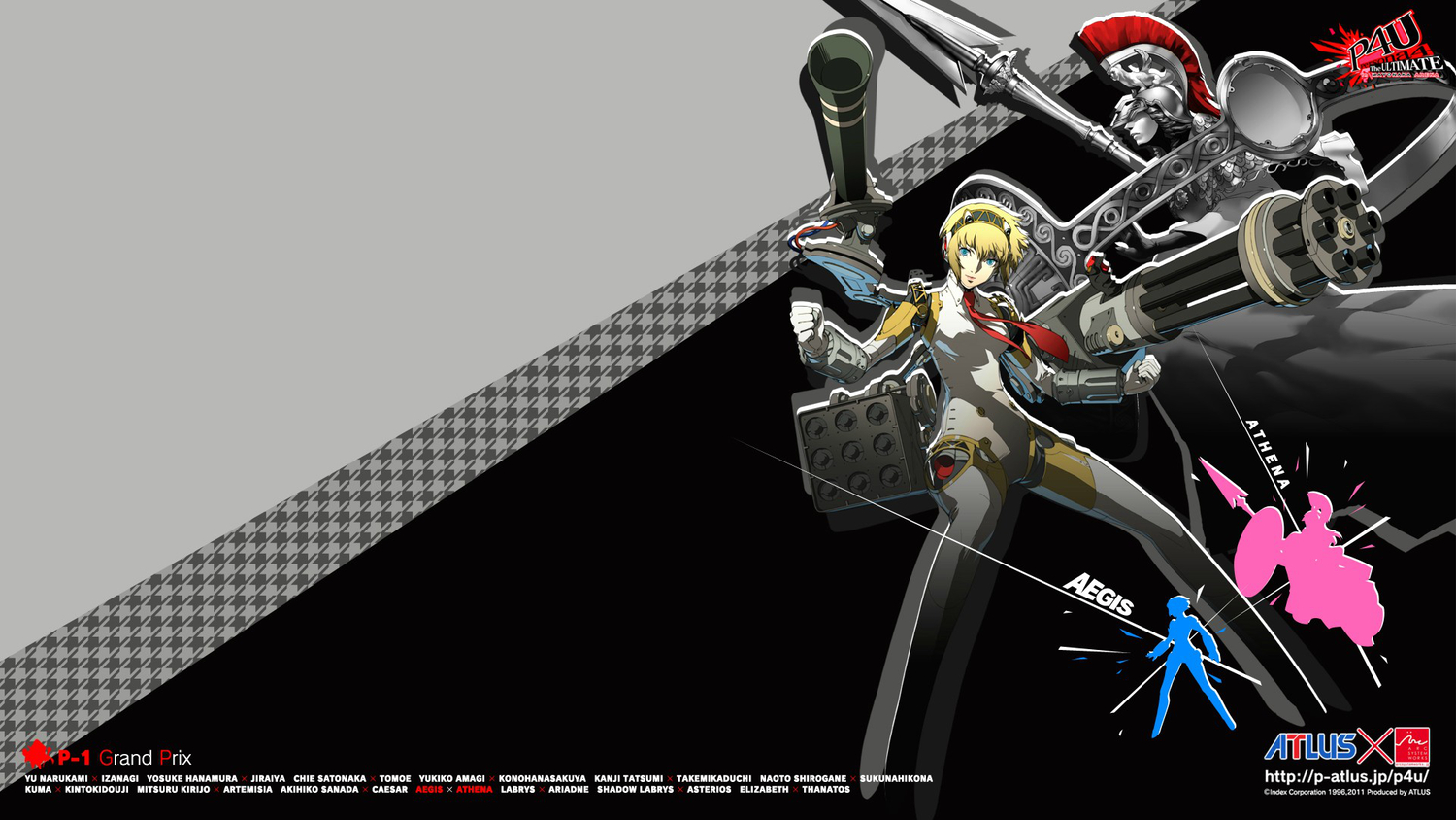 aegis, athena_(megami_tensei), gun, persona, persona_3, persona_4, watermark, weapon