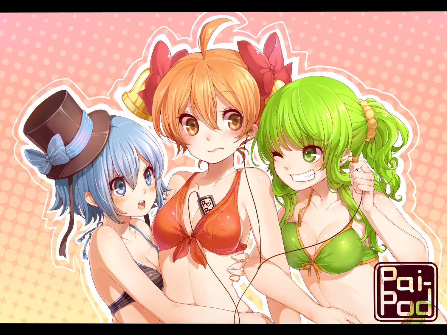 bell_(rbb), bikini, blue_(rbb), blue_eyes, blue_hair, blush, bow, brown_eyes, brown_hair, green_eyes, green_hair, hat, ipod, long_hair, rainy_(rbb), rainybluebell, rojiko, short_hair, swimsuit