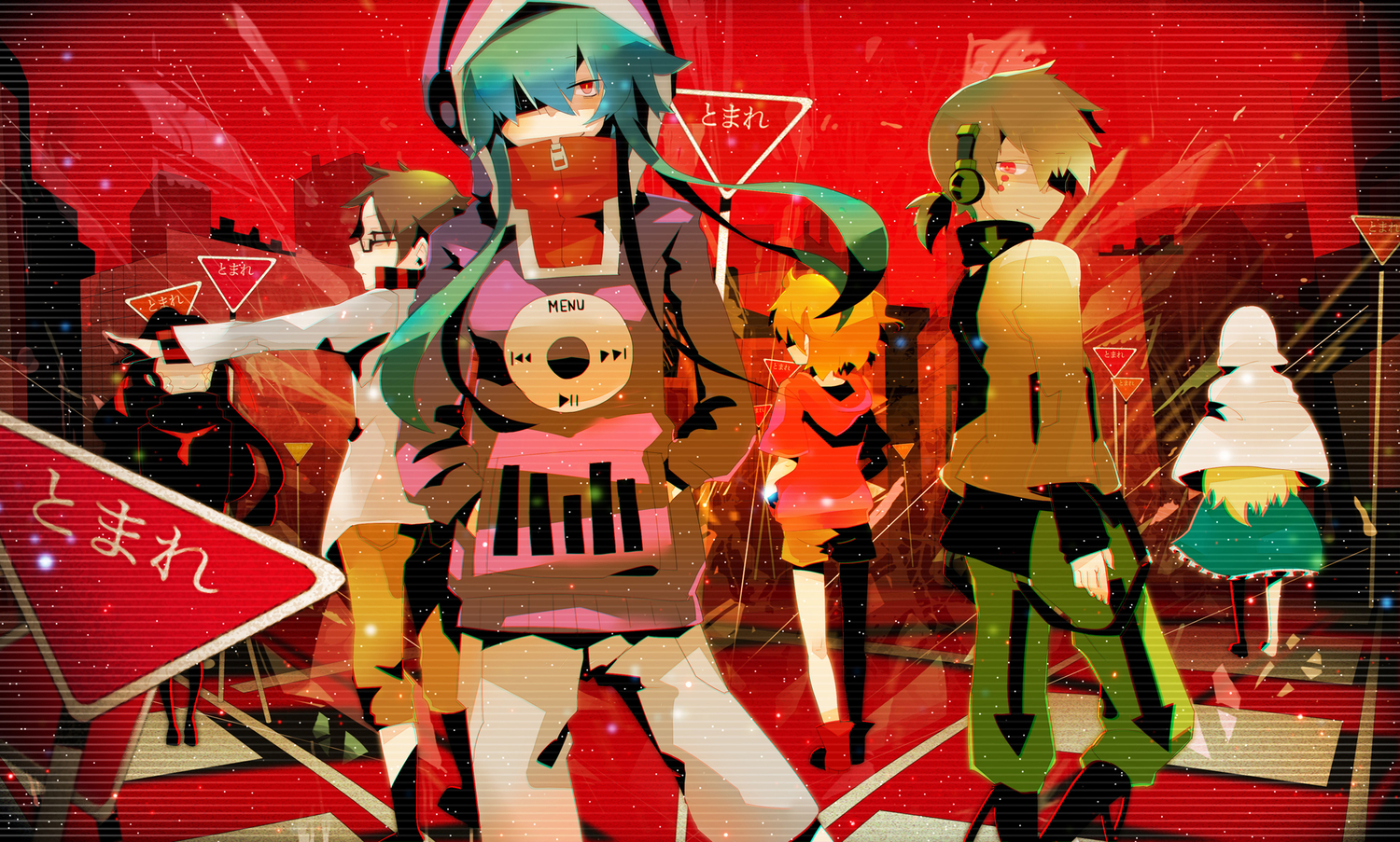 azami_(kagerou_project), black_hair, blonde_hair, brown_hair, glasses, green_hair, group, headphones