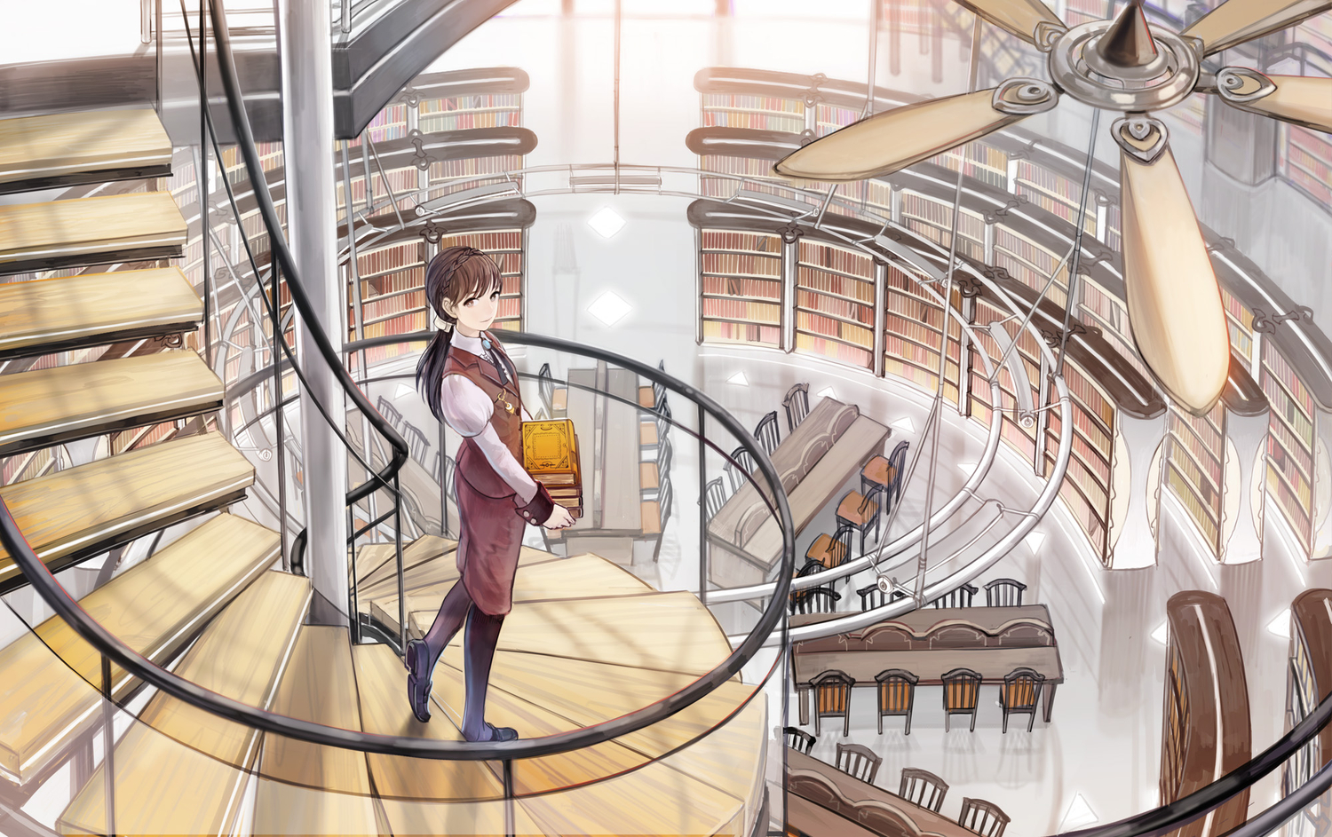 book, braids, brown_eyes, brown_hair, long_hair, original, pantyhose, ponytail, scenic, shimetta_oshime, skirt, stairs