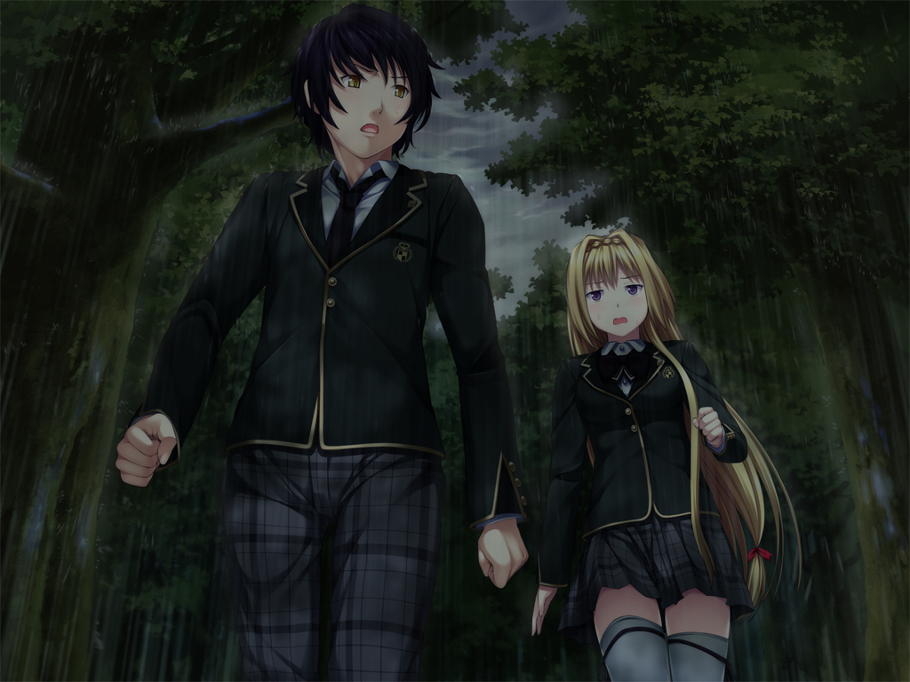 game_cg, joker, koharubi_hinageshi, oryou, rain, shimura_rei, tree, water