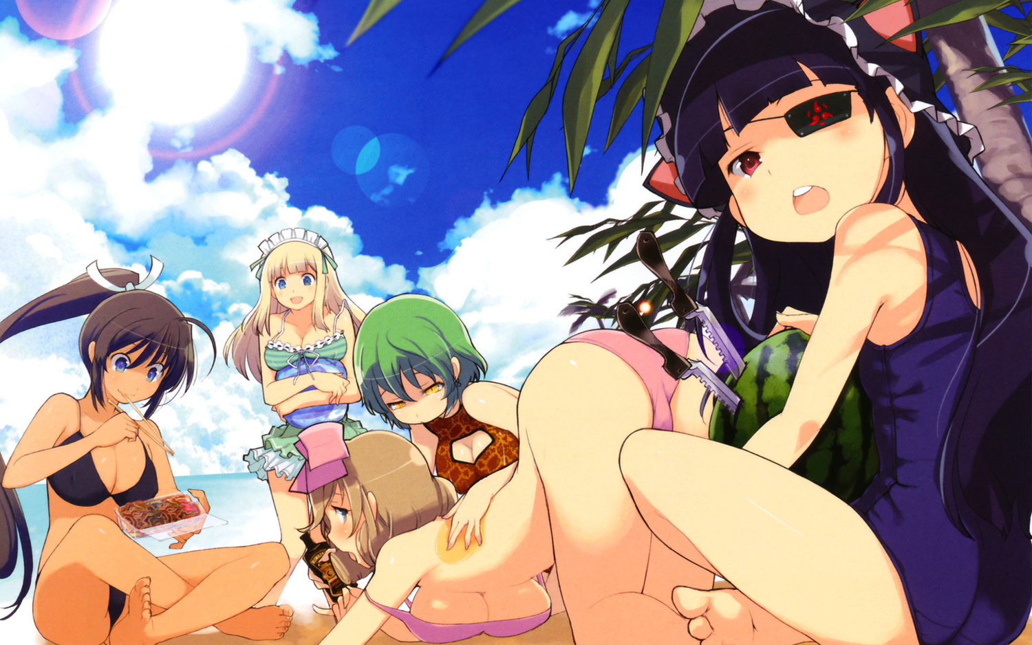 bikini, breasts, food, haruka_(senran_kagura), homura_(senran_kagura), jpeg_artifacts, loli, mirai_(senran_kagura)