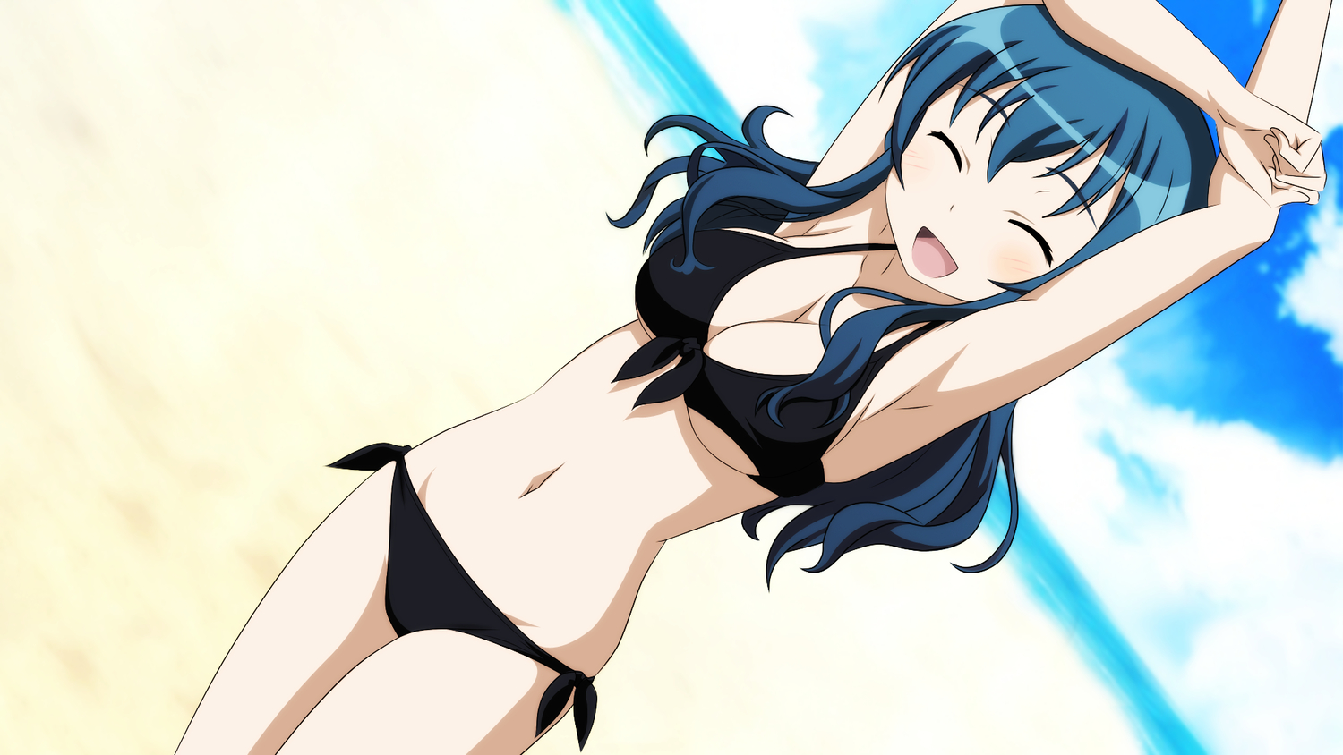 beach, bikini, blue_hair, blush, breasts, cleavage, clouds, long_hair, makishima_saori, ore_no_imouto_ga_konna_ni_kawaii_wake_ga_nai, swimsuit