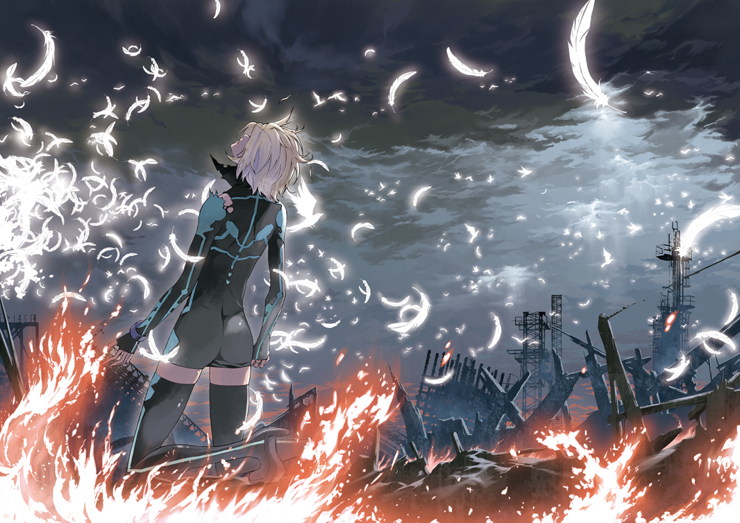 feathers, fire, justminor, ruins, short_hair, sky, torn_clothes