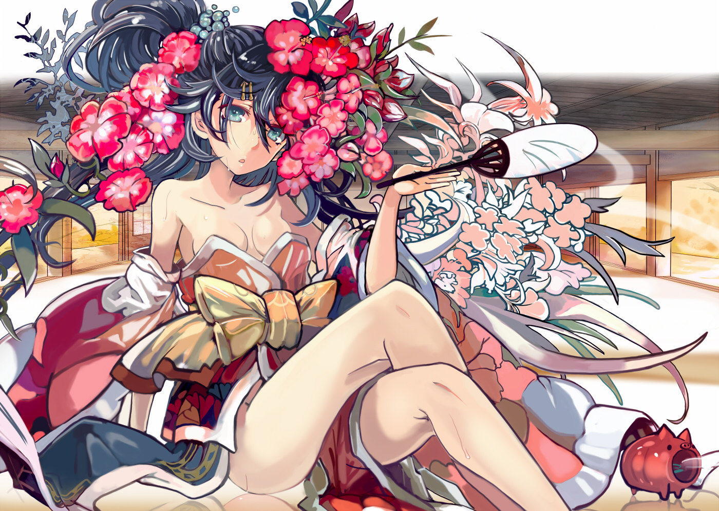 fan, flowers, japanese_clothes, original, ryuuri_susuki
