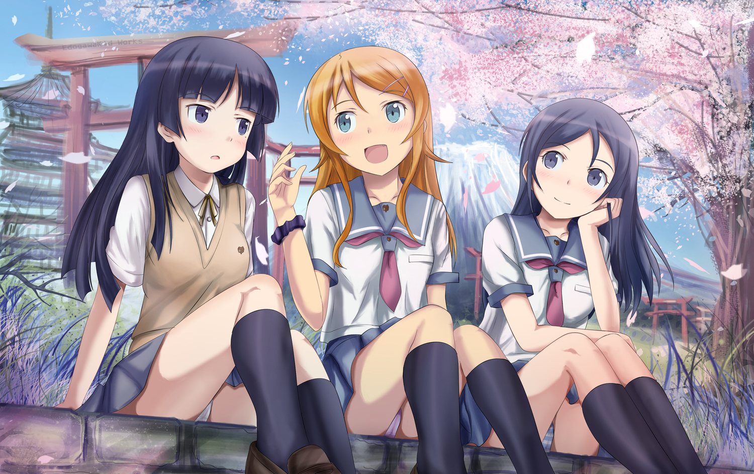 aragaki_ayase, black_hair, blue_eyes, blush, cherry_blossoms, edogawakid, flowers, gokou_ruri