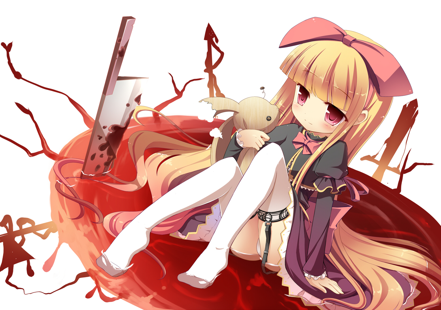blonde_hair, blood, blush, knife, long_hair, masaki_(machisora), original, red_eyes, thighhighs, weapon