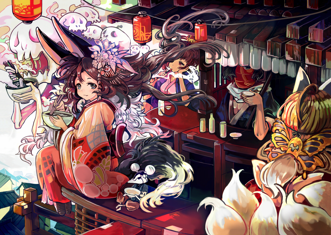 animal, animal_ears, blonde_hair, blue_eyes, brown_hair, catgirl, drink, food