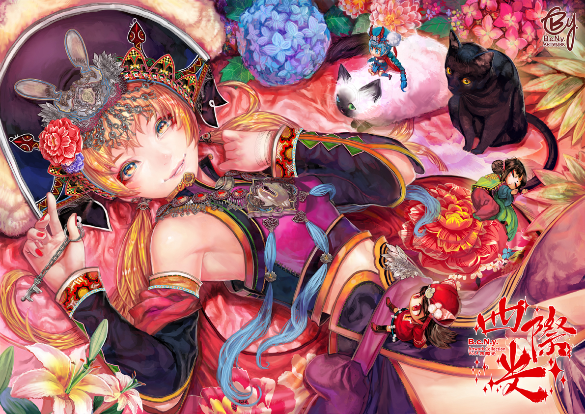 animal, b.c.n.y., blonde_hair, cat, chibi, chinese_clothes, flowers, hat, original, rose, twintails