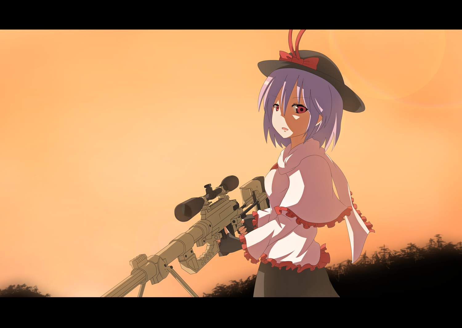 gloves, gun, hat, kamiya_suzume, nagae_iku, purple_hair, red_eyes, touhou, weapon