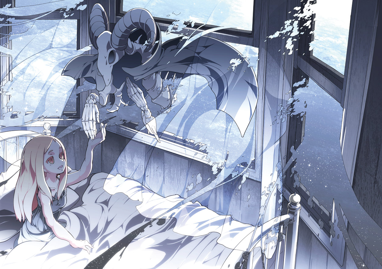 asakura_masatoki, bed, blonde_hair, cape, demon, dress, horns, long_hair
