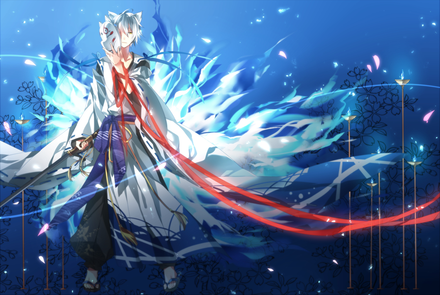 all_male, animal_ears, ikasemih, inu_x_boku_ss, japanese_clothes, kimono, male, mask, miketsukami_soushi, petals, ribbons, short_hair, sword, tail, weapon, white_hair, yellow_eyes