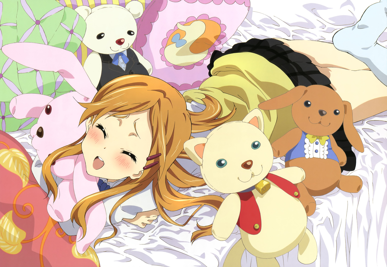 bed, bunny, kiriyama_yui, kokoro_connect, nyantype, scan, teddy_bear