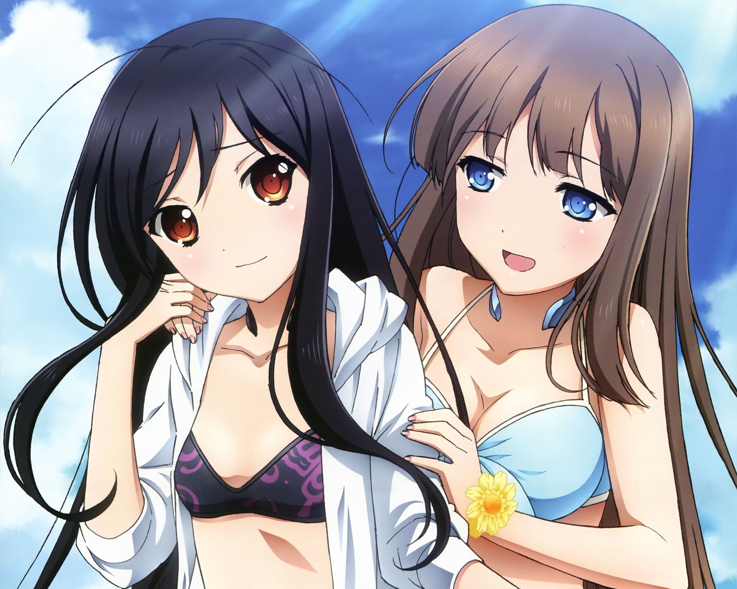 2girls, accel_world, bikini, black_hair, blue_eyes, brown_hair, kurasaki_fuuko, kuro_yuki_hime, long_hair, nyantype, red_eyes, scan, swimsuit, thighhighs, water