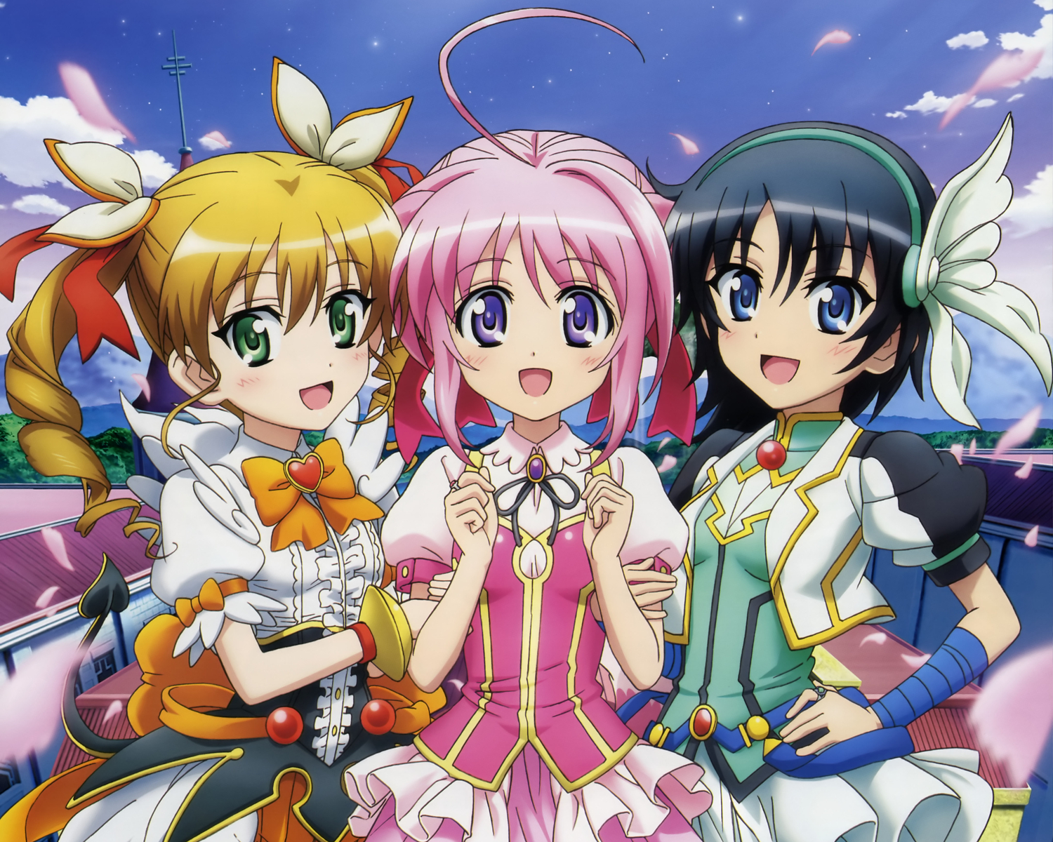 black_hair, blue_eyes, dog_days, green_eyes, megami, millhiore_f_biscotti, petals, pink_hair