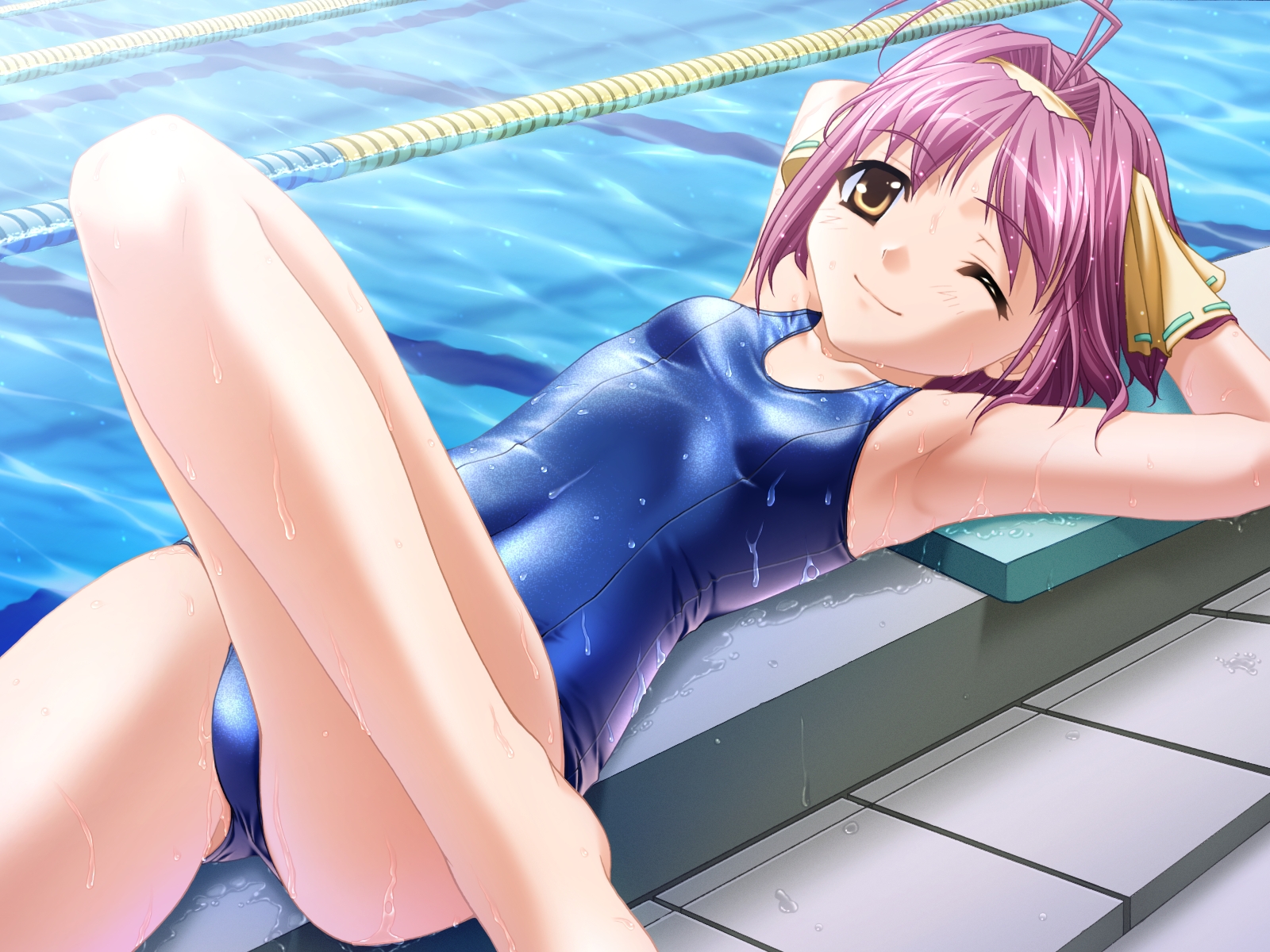 flat_chest, game_cg, hiiro_yuki, isozaki_mayumi, pink_hair, pool, school_swimsuit, short_hair