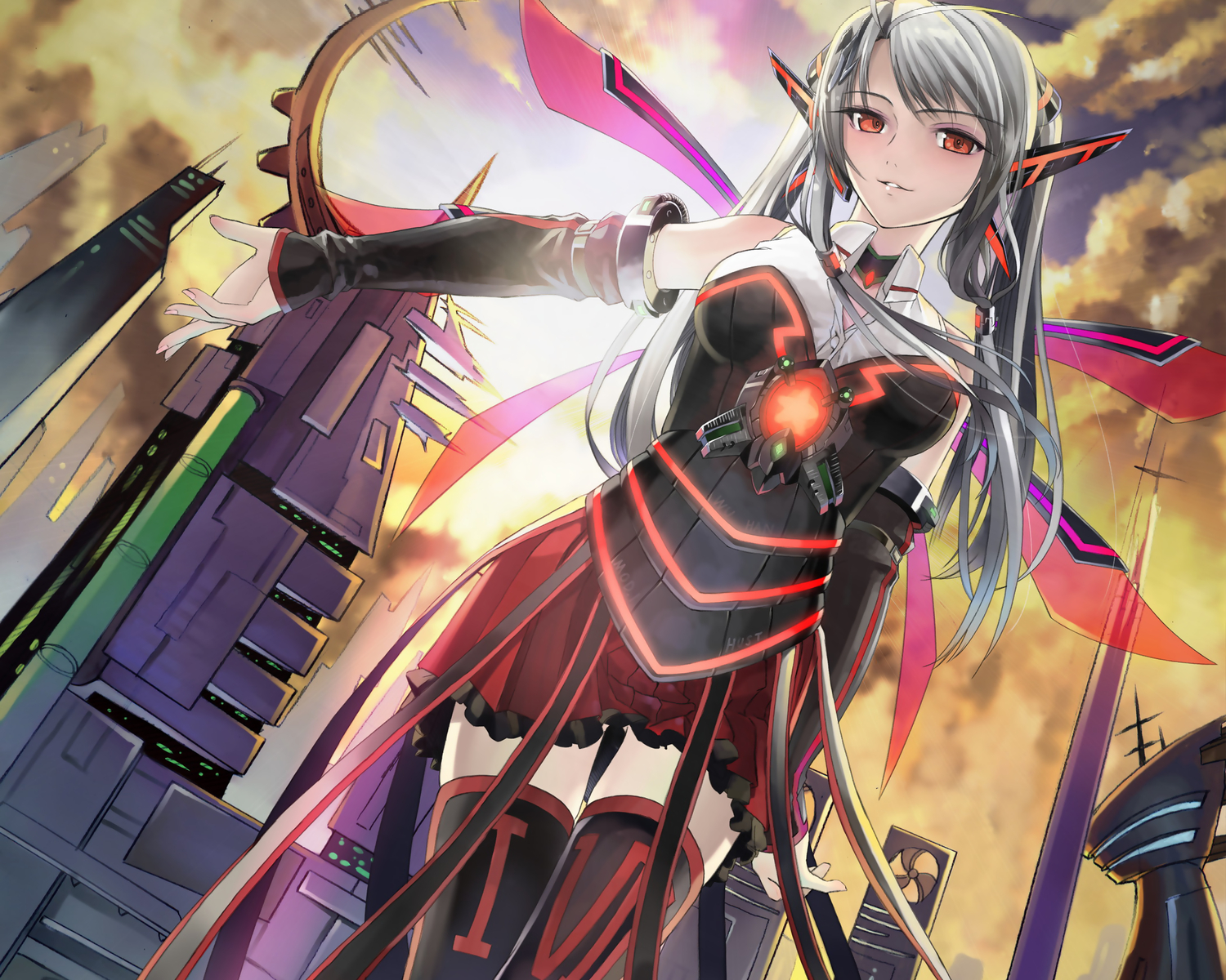 city, gray_hair, okingjo, red_eyes, skirt, thighhighs, wings