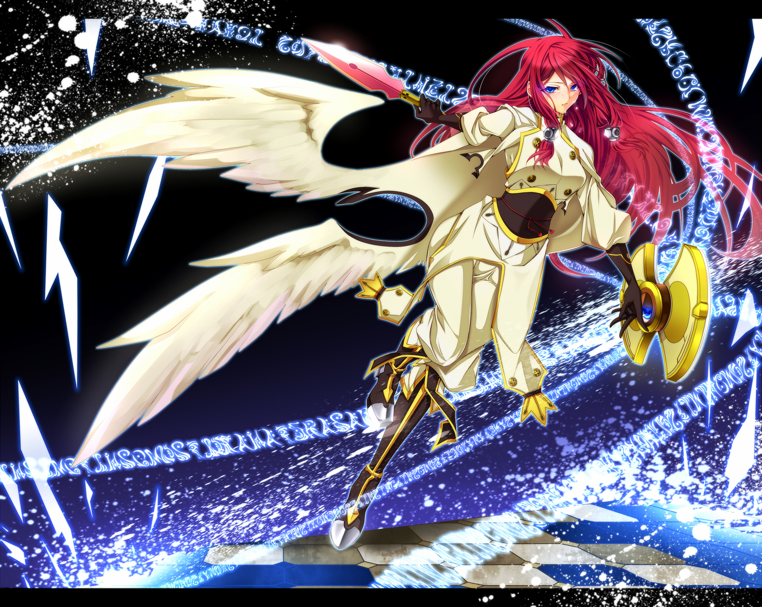 blazblue, blue_eyes, long_hair, red_hair, sayo_wini, tagme, tears, tsubaki_yayoi, weapon, wings