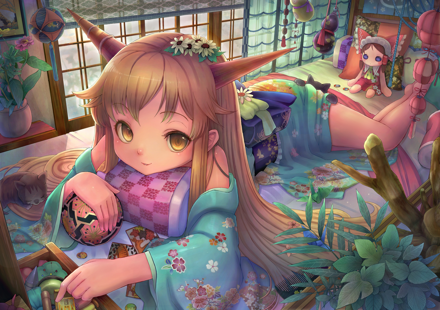 animal, ball, bed, cat, doll, hakurei_reimu, ibuki_suika, leaves
