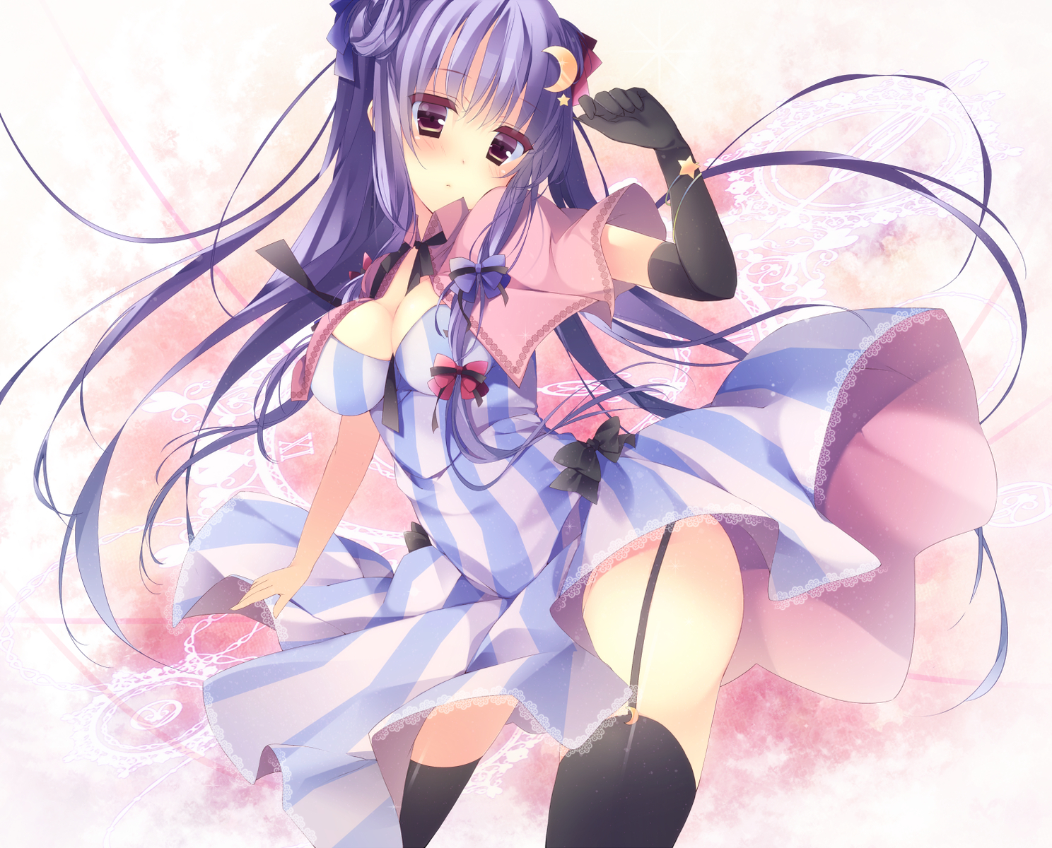 breasts, cleavage, dress, garter_belt, kisaragi_kiriha, long_hair, patchouli_knowledge, purple_hair