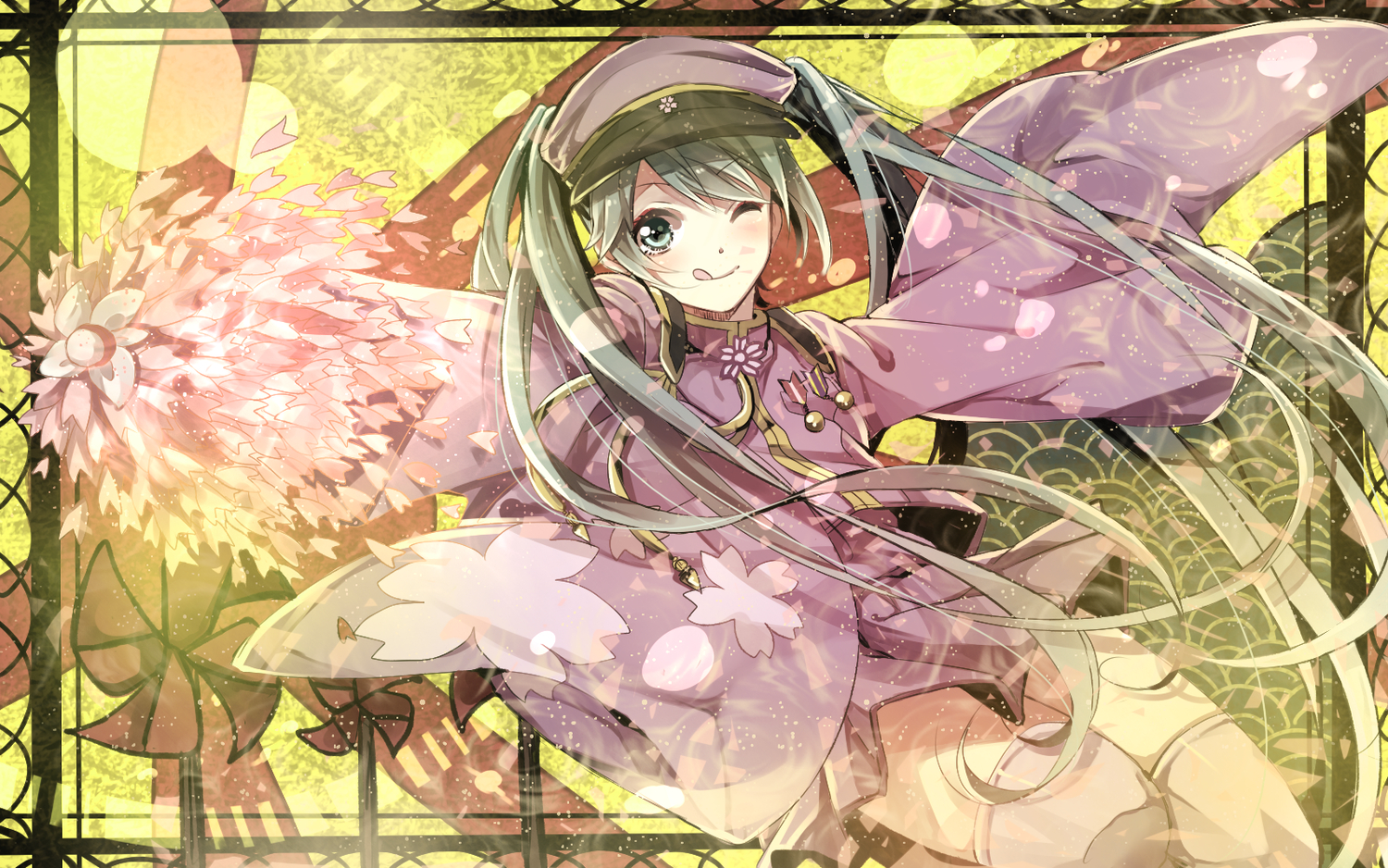 hat, hatsune_miku, long_hair, mitsu_yomogi, senbon-zakura_(vocaloid), twintails, vocaloid, wink