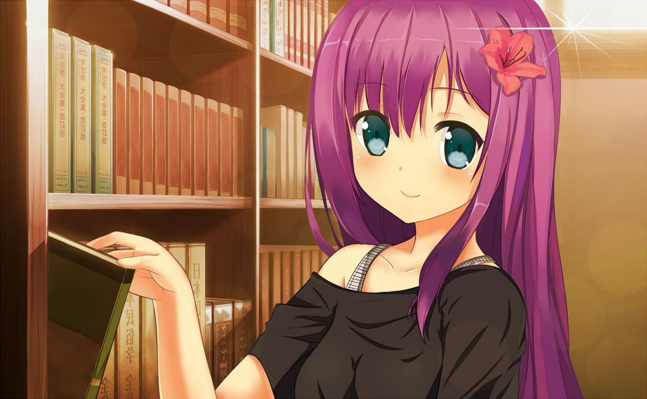 blue_eyes, blush, book, flowers, long_hair, pini, purple_hair
