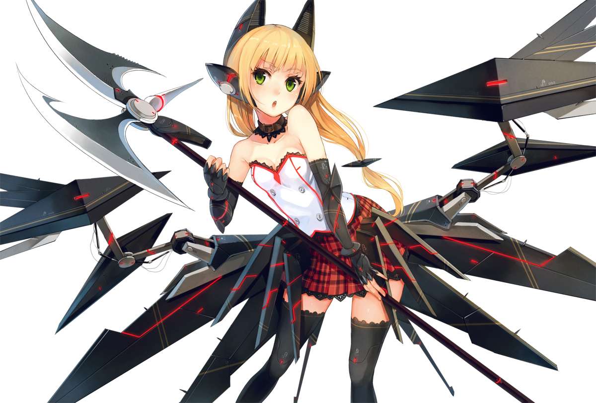 blonde_hair, collar, gloves, green_eyes, long_hair, mechagirl, original, paseri