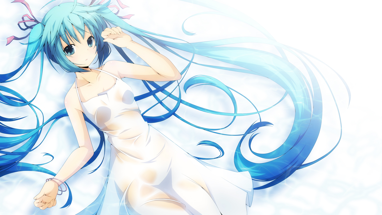 aqua_eyes, aqua_hair, blush, dress, hatsune_miku, long_hair, ribbons, vocaloid