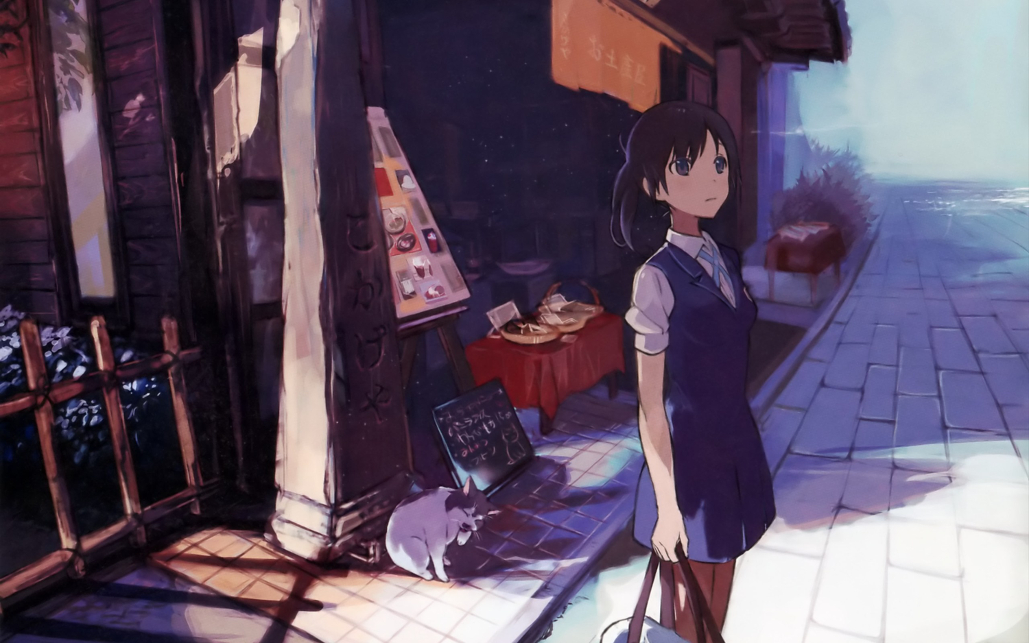 animal, black_hair, cat, flowers, sakai_wakana, school_uniform, tari_tari