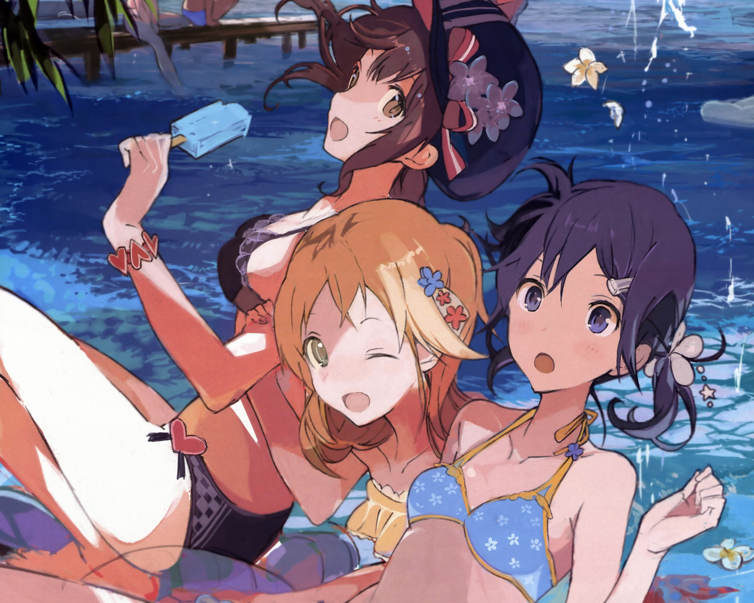 black_hair, blonde_hair, blue_eyes, brown_hair, miyamoto_konatsu, okita_sawa, popsicle, sakai_wakana
