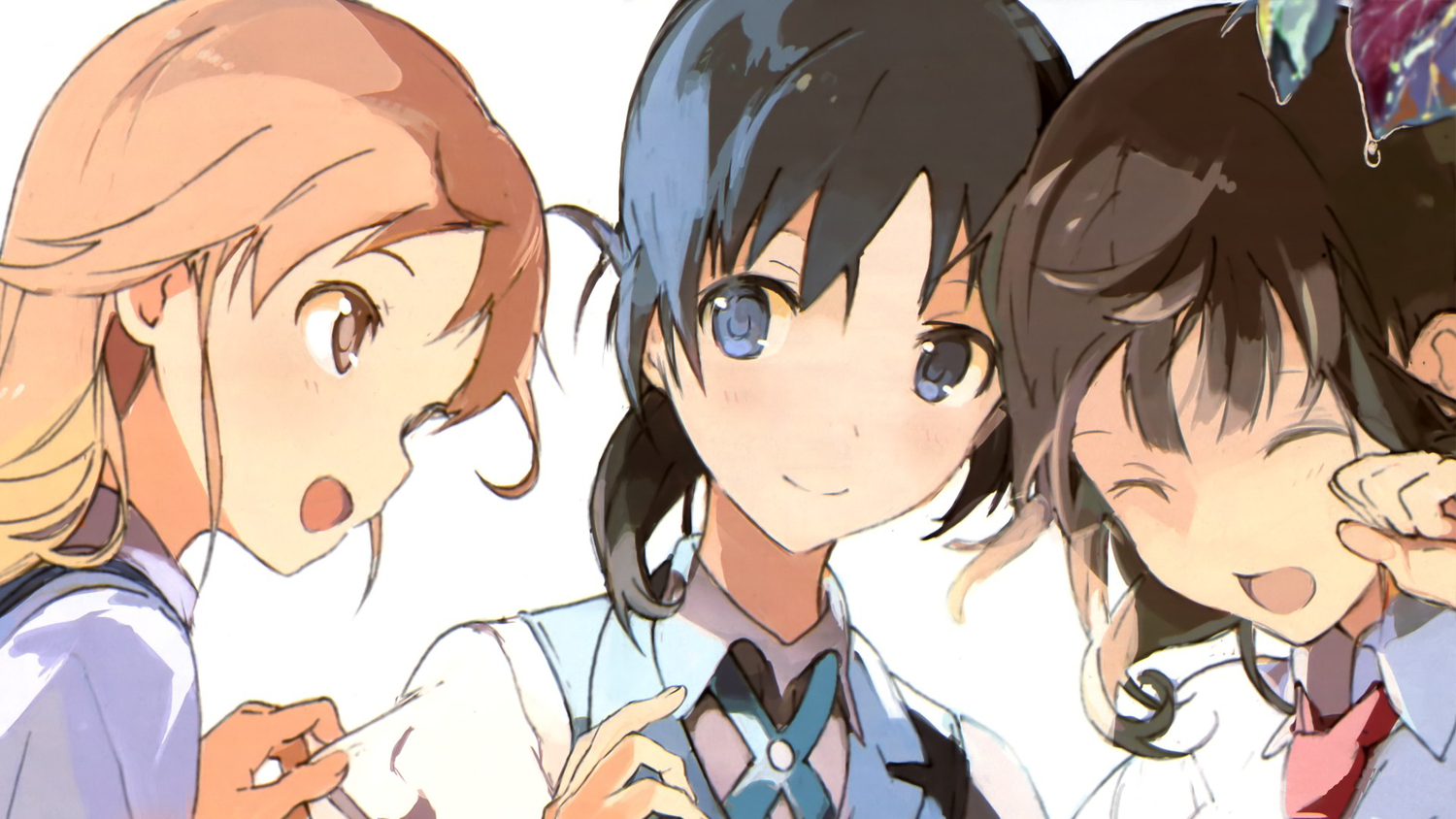black_hair, blonde_hair, blue_eyes, brown_hair, miyamoto_konatsu, okita_sawa, sakai_wakana, school_uniform