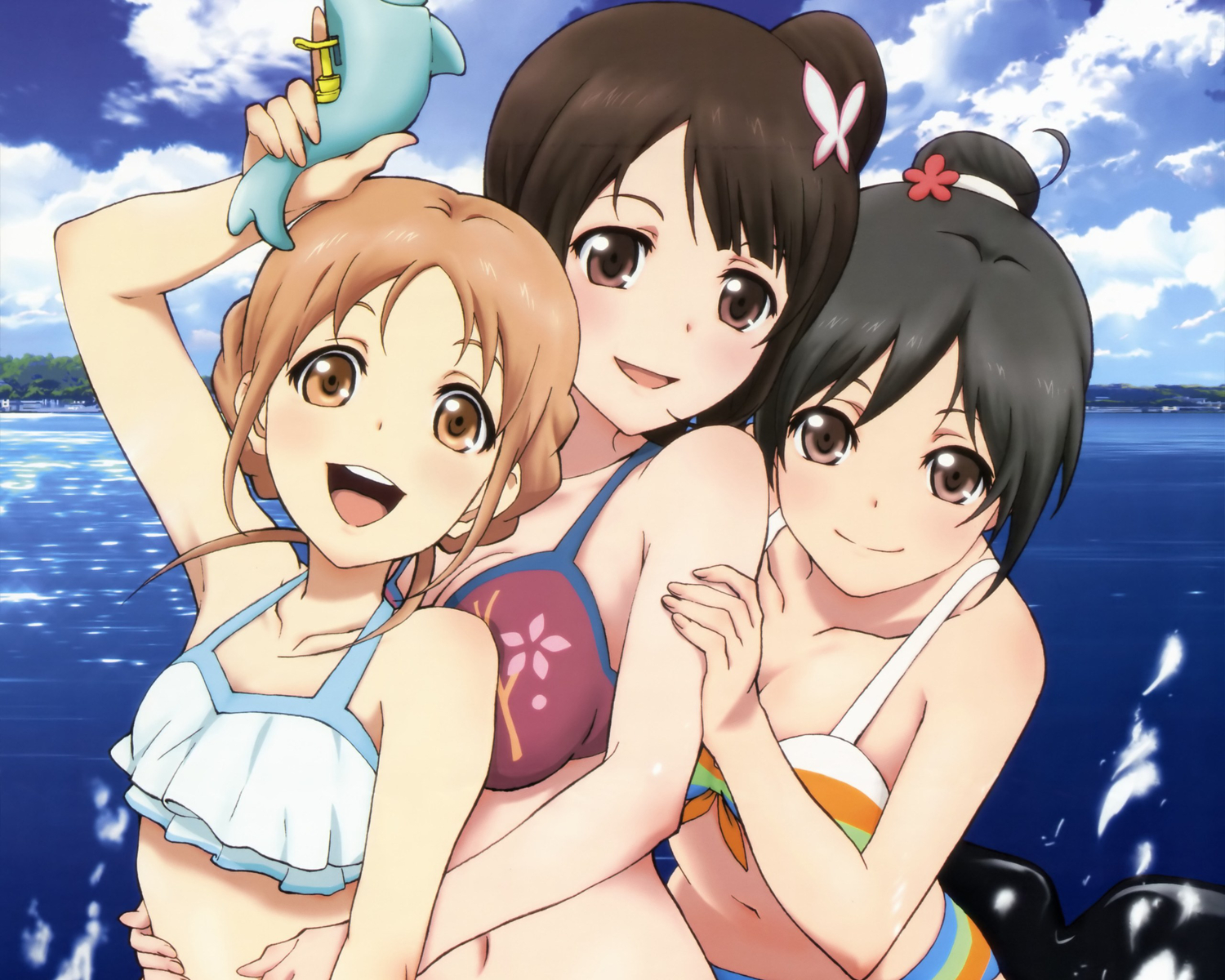 bikini, black_hair, blonde_hair, blue_eyes, brown_hair, clouds, fujii_yasuo, miyamoto_konatsu