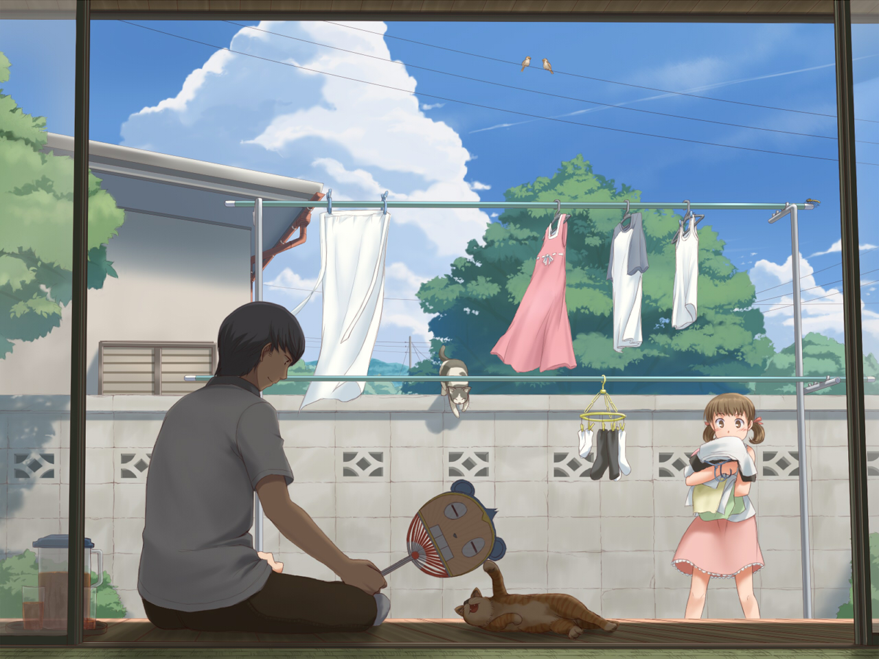 animal, bird, cat, doujima_nanako, dress, drink, fan, kuma_(persona_4)