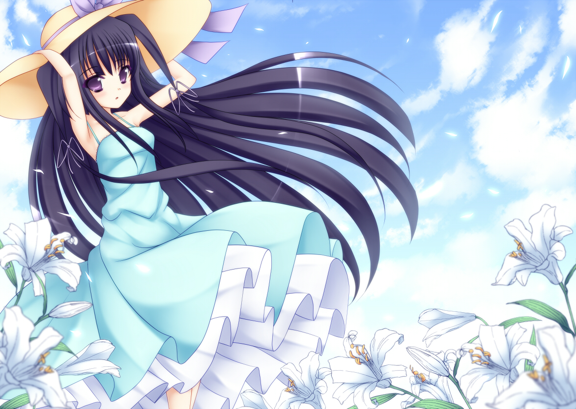dress, flowers, hat, itsuka_todoku_anosorani, long_hair, mikan_(5555), no_bra, ousuki_konome, purple_eyes, purple_hair, summer_dress