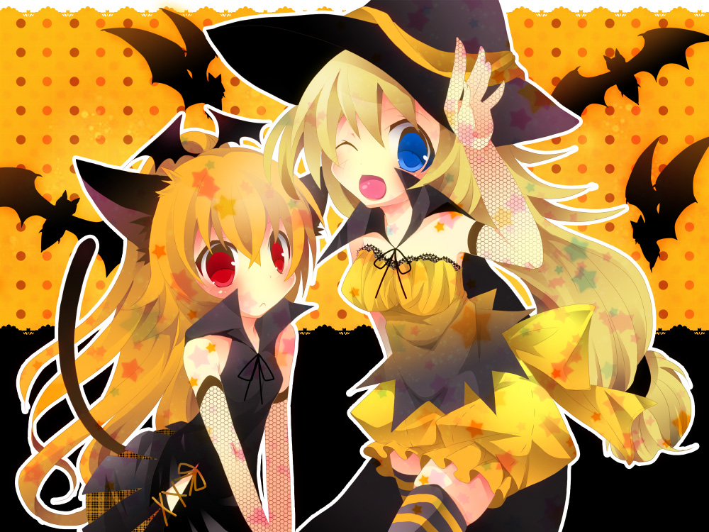 2girls, animal, animal_ears, bat, blonde_hair, blue_eyes, blush, catgirl, colorful_dot, fuuna_thise, halloween, hat, long_hair, orange, orange_hair, original, red_eyes, skirt, stars, tail, thighhighs, wings, wink, witch_hat